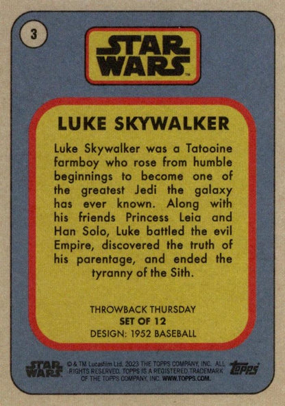 Star Wars Throwback Thursday 2023 Card #3 Luke Skywalker 1952 Baseball