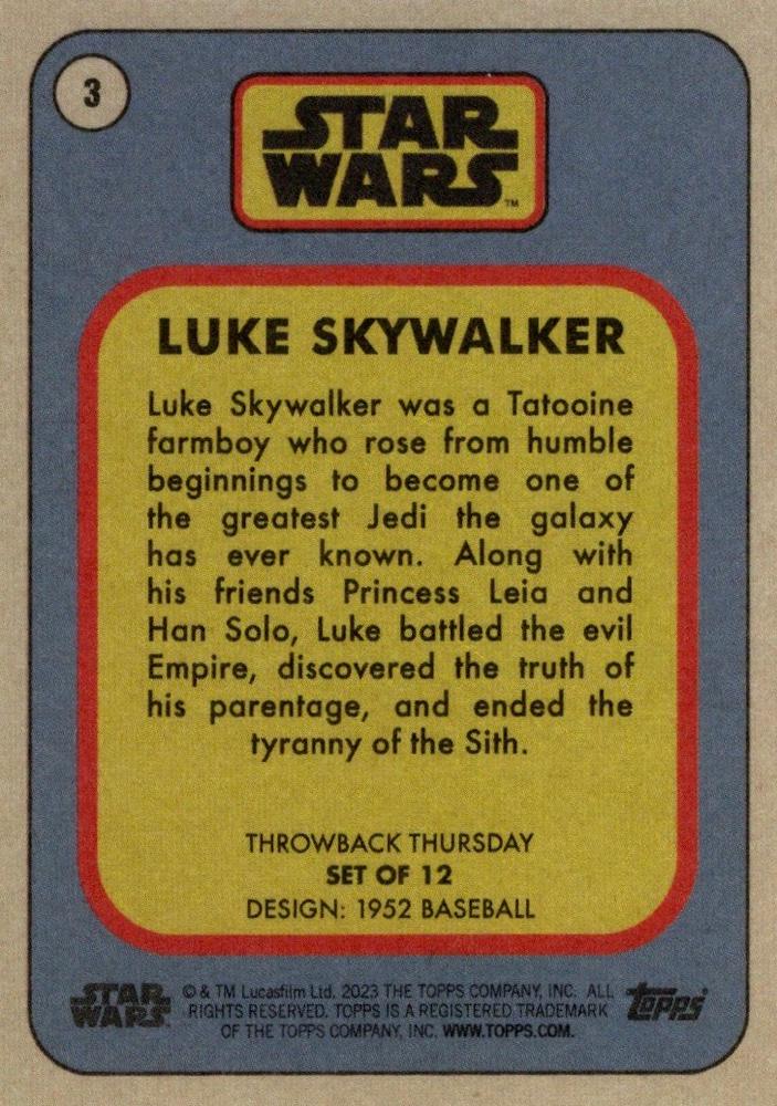 Star Wars Throwback Thursday 2023 Card #3 Luke Skywalker 1952 Baseball