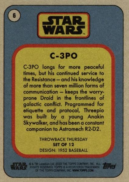 Star Wars Throwback Thursday 2023 Card #6 C-3PO 1952 Baseball