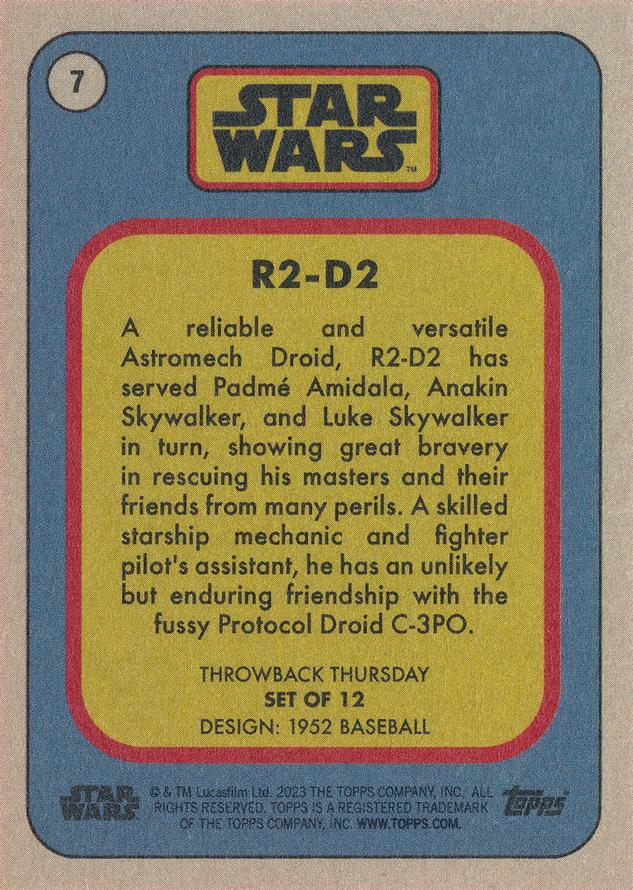 Star Wars Throwback Thursday 2023 Card #7 R2-D2 1952 Baseball