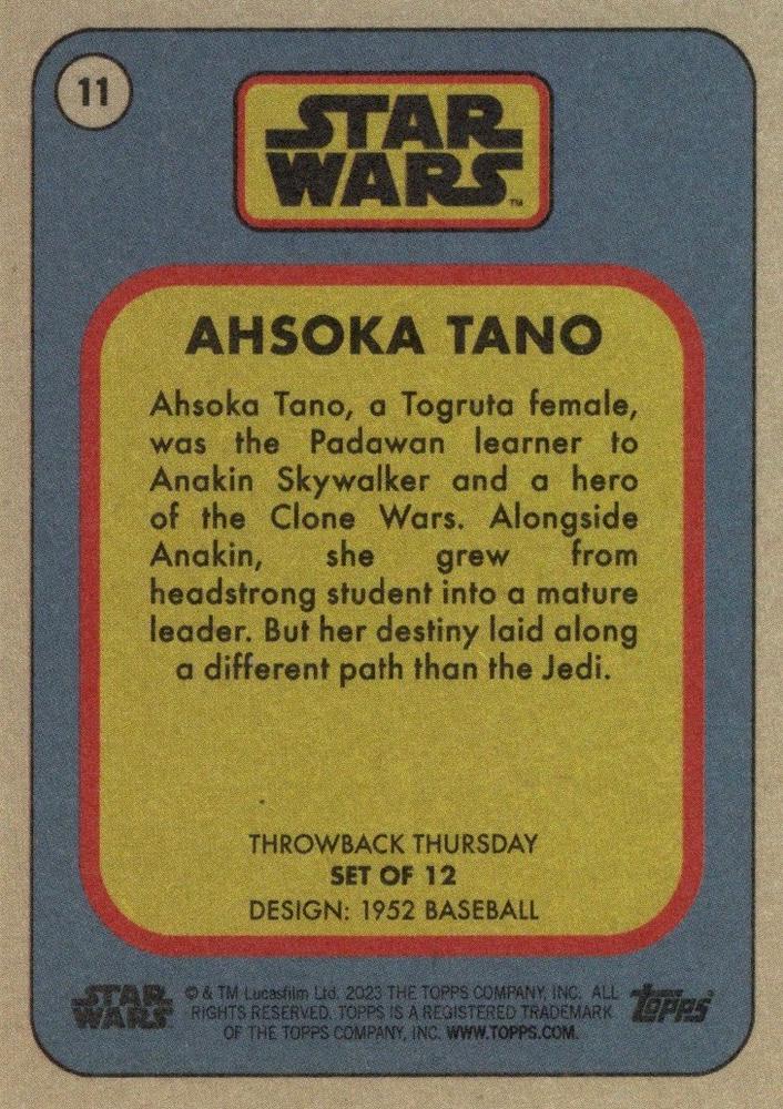 Star Wars Throwback Thursday 2023 Card #11 Ahsoka Tano 1952 Baseball