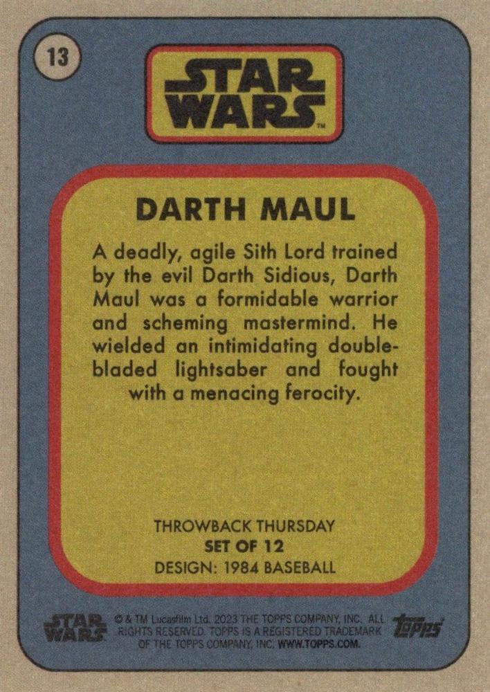 Star Wars Throwback Thursday 2023 Card #13 Darth Maul 1984 Baseball