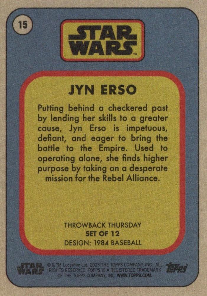 Star Wars Throwback Thursday 2023 Card #15 Jyn Erso 1984 Baseball