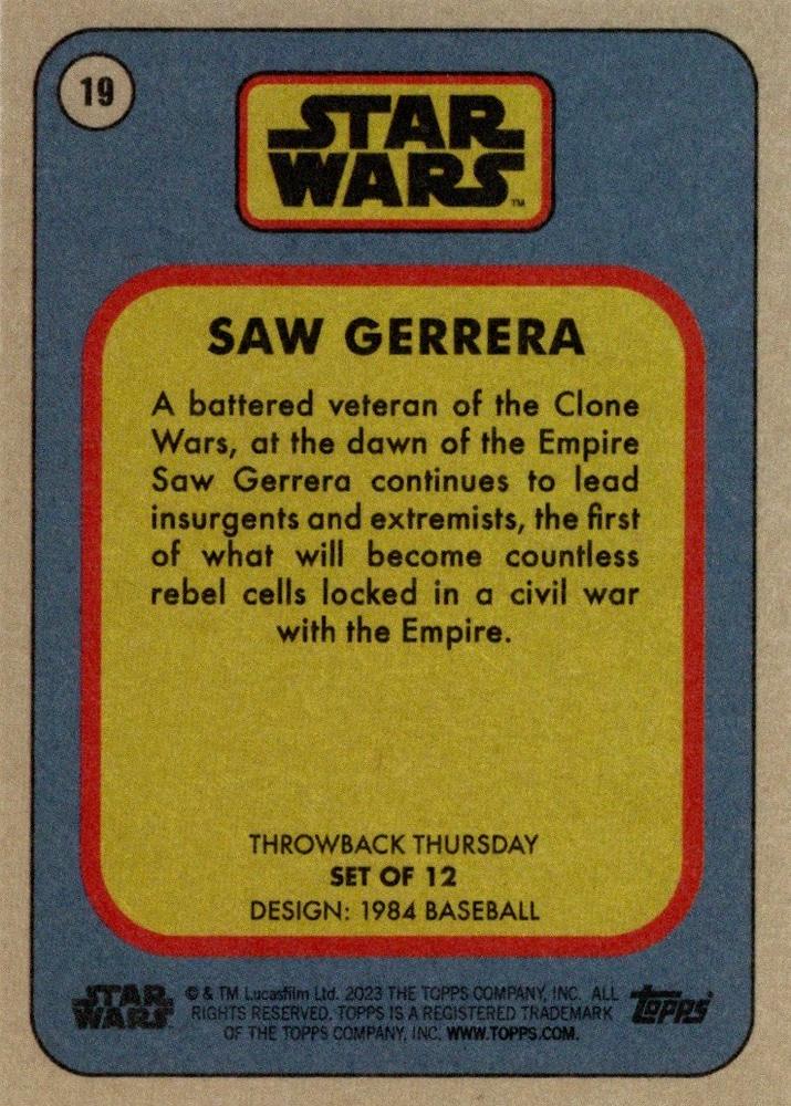 Star Wars Throwback Thursday 2023 Card #19 Saw Gerrera 1984 Baseball