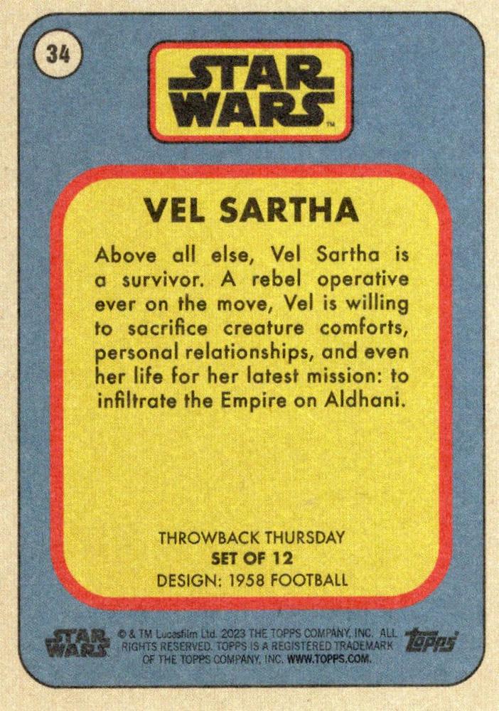 Star Wars Throwback Thursday 2023 Card #34 Vel Sartha 1958 Football