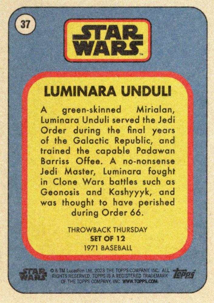 Star Wars Throwback Thursday 2023 Card #37 Luminara Unduli 1971 Baseball