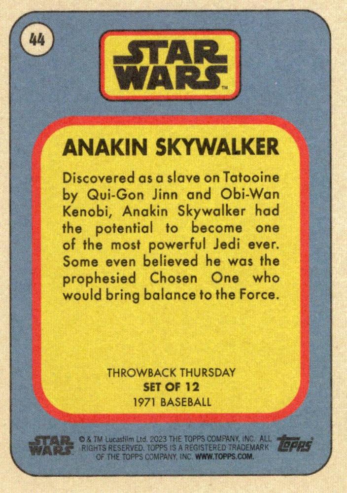 Star Wars Throwback Thursday 2023 Card #44 Anakin Skywalker 1971 Baseball