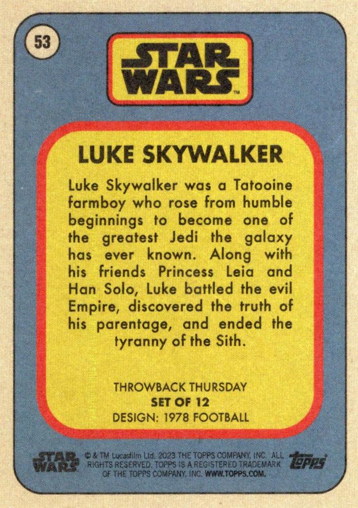 Star Wars Throwback Thursday 2023 Card #53 Luke Skywalker 1978 Football