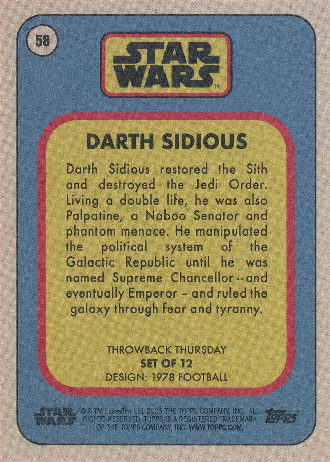 Star Wars Throwback Thursday 2023 Card #58 Darth Sidious 1978 Football