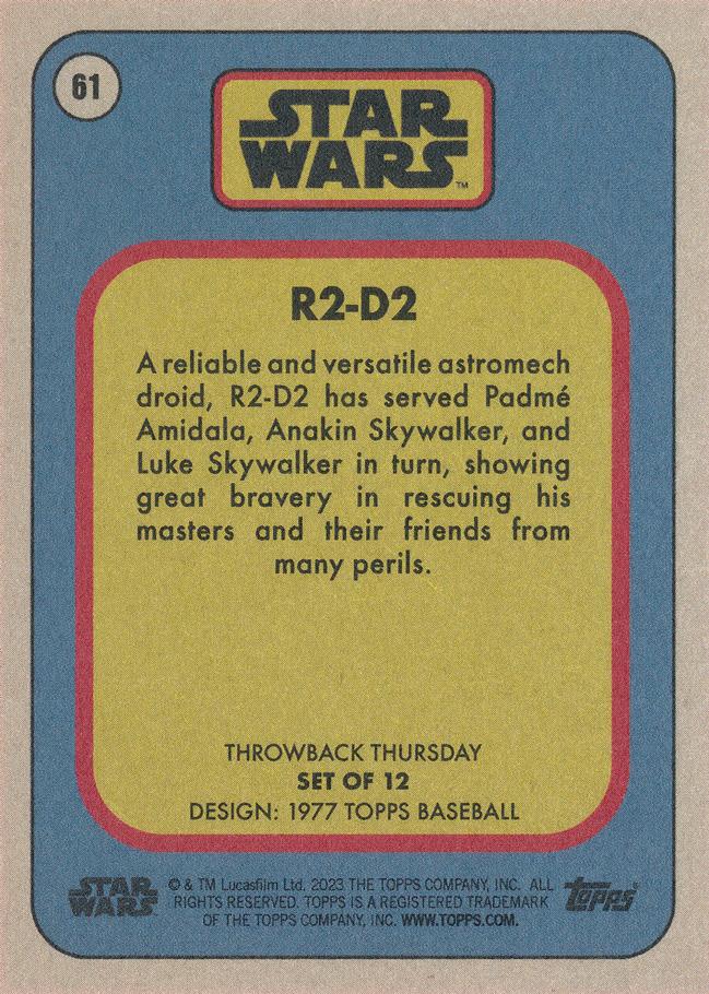 Star Wars Throwback Thursday 2023 Card #61 R2-D2 1977 Topps Baseball