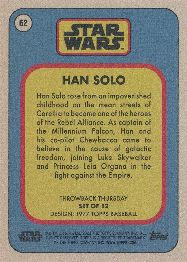 Star Wars Throwback Thursday 2023 Card #62 Han Solo 1977 Topps Baseball