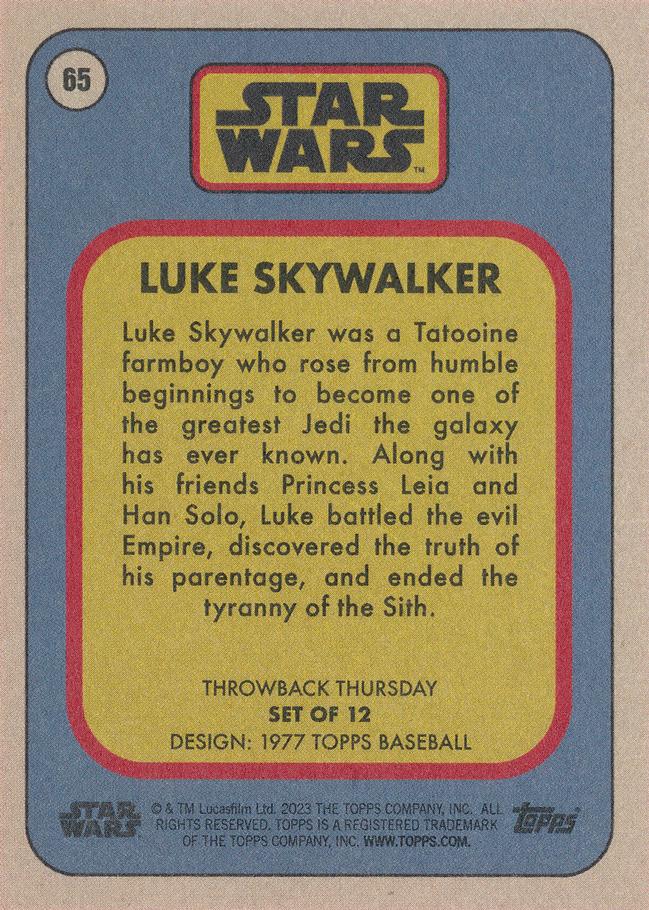 Star Wars Throwback Thursday 2023 Card #65 Luke Skywalker 1977 Topps Baseball