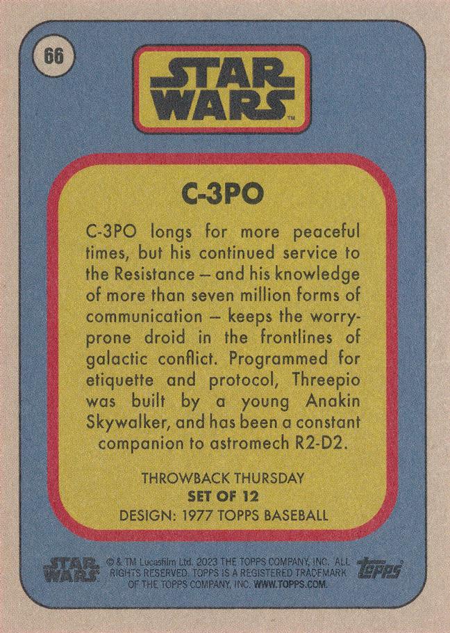 Star Wars Throwback Thursday 2023 Card #66 C-3PO 1977 Topps Baseball