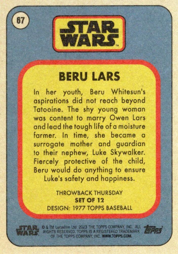 Star Wars Throwback Thursday 2023 Card #67 Beru Lars 1977 Topps Baseball