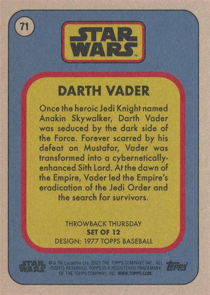 Star Wars Throwback Thursday 2023 Card #71 Darth Vader 1977 Topps Baseball