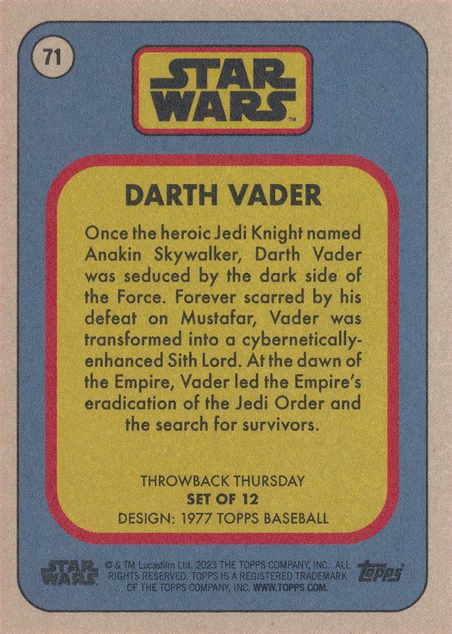 Star Wars Throwback Thursday 2023 Card #71 Darth Vader 1977 Topps Baseball