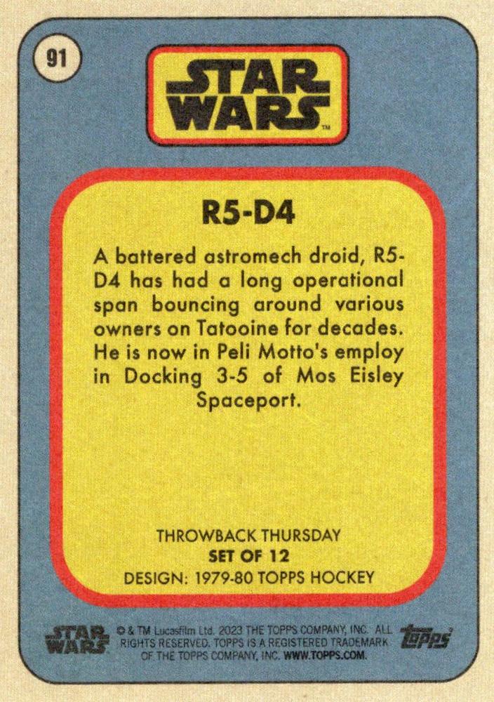 Star Wars Throwback Thursday 2023 Card #91 R5-D4 1979-80 Topps Hockey