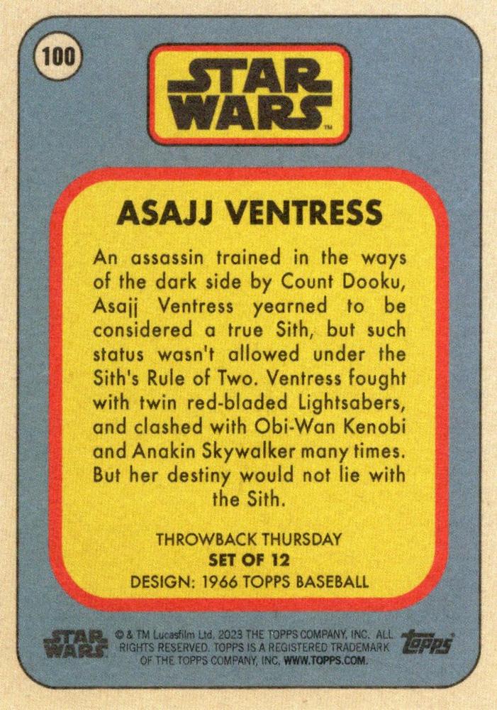 Star Wars Throwback Thursday 2023 Card #100 Asajj Ventress 1966 Topps Baseball