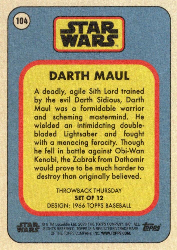 Star Wars Throwback Thursday 2023 Card #104 Darth Maul 1966 Topps Baseball