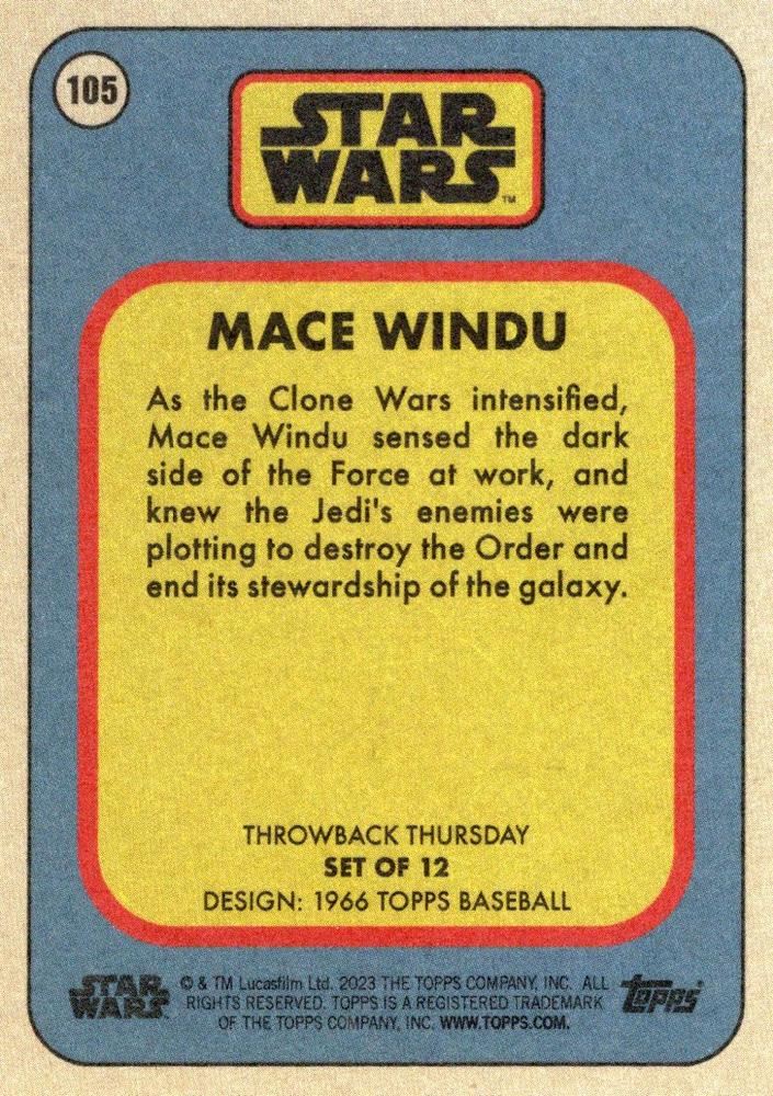 Star Wars Throwback Thursday 2023 Card #105 Mace Windu 1966 Topps Baseball