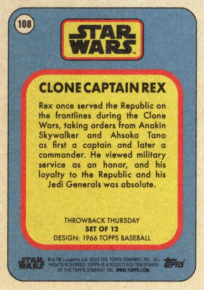 Star Wars Throwback Thursday 2023 Card #108 Clone Captain Rex 1966 Topps Baseball