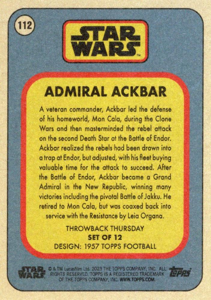 Star Wars Throwback Thursday 2023 Card #112 Admiral Ackbar 1957 Topps Football