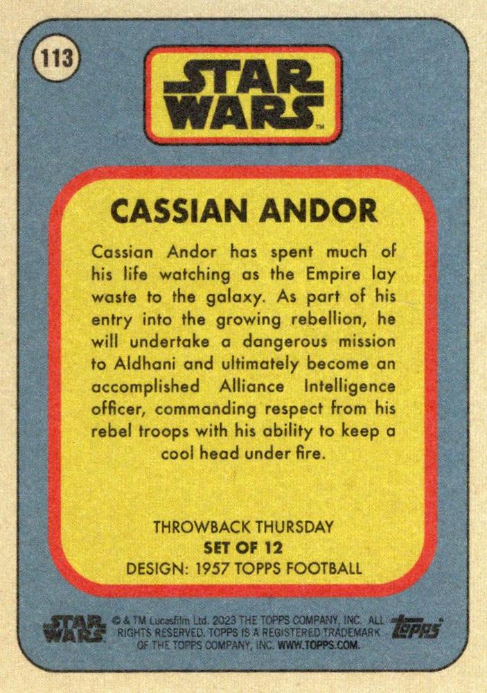 Star Wars Throwback Thursday 2023 Card #113 Cassian Andor 1957 Topps Football