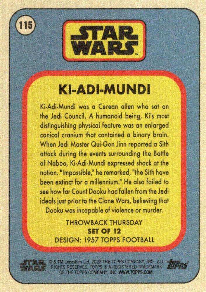 Star Wars Throwback Thursday 2023 Card #115 Ki-Adi-Mundi 1957 Topps Football