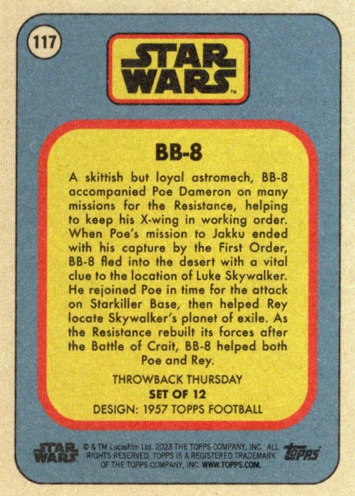 Star Wars Throwback Thursday 2023 Card #117 BB-8 1957 Topps Football