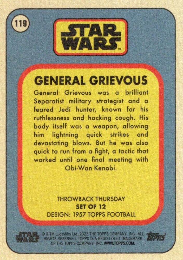 Star Wars Throwback Thursday 2023 Card #119 General Grievous 1957 Topps Football