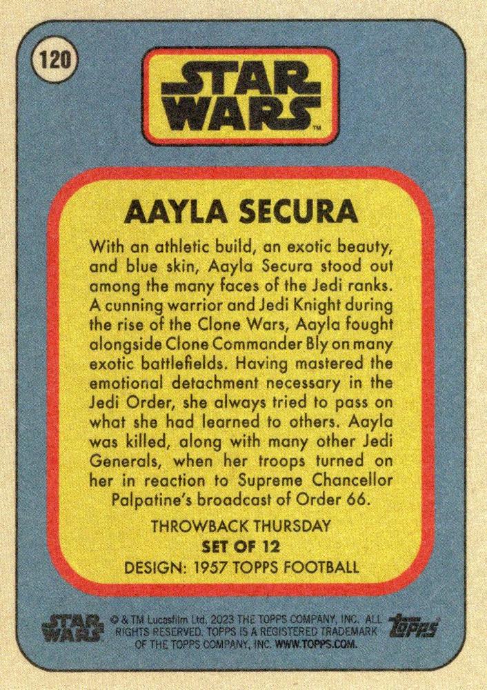 Star Wars Throwback Thursday 2023 Card #120 Aayla Secura 1957 Topps Football