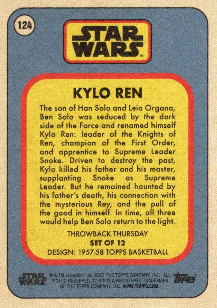 Star Wars Throwback Thursday 2023 Card #124 Kylo Ren 1957-58 Topps Basketball