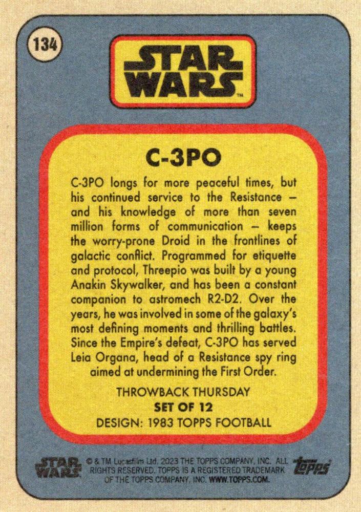 Star Wars Throwback Thursday 2023 Card #134 C-3PO 1983 Topps Football