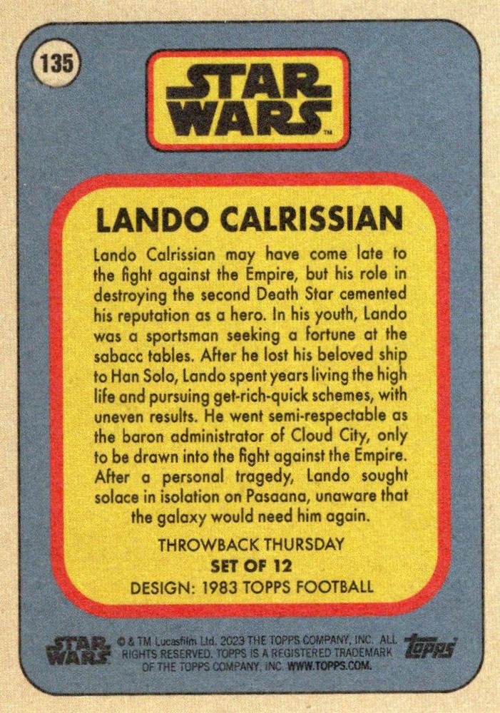 Star Wars Throwback Thursday 2023 Card #135 Lando Calrissian 1983 Topps Football