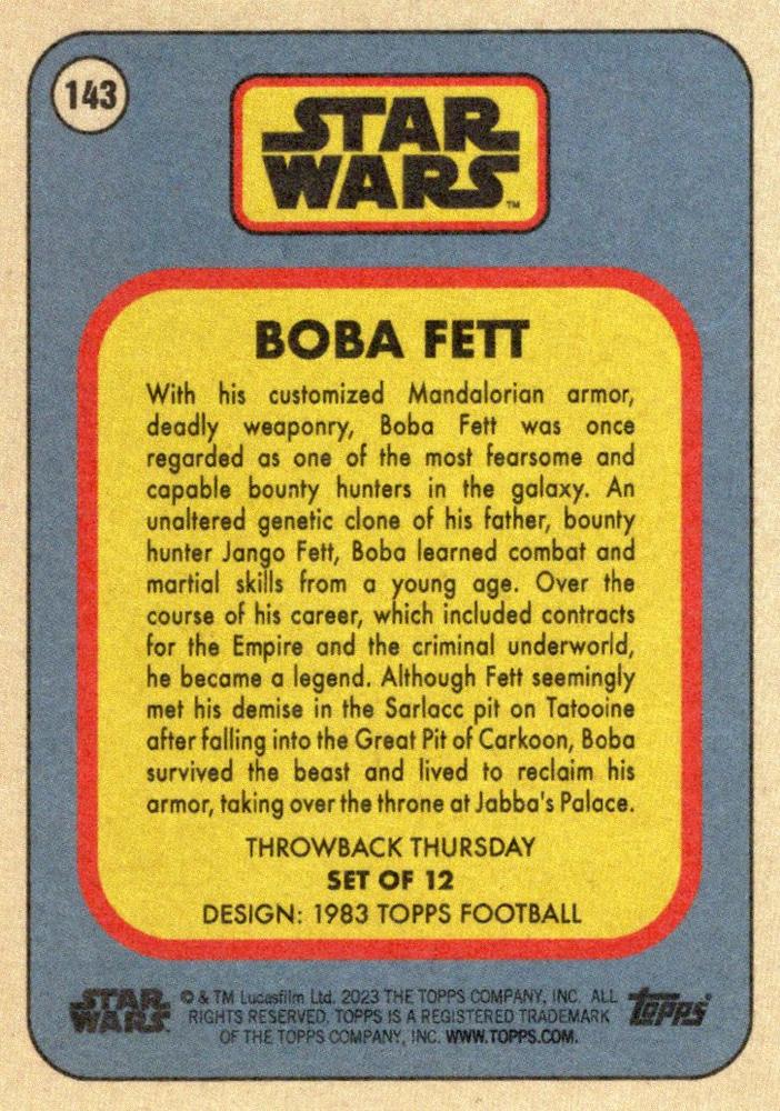 Star Wars Throwback Thursday 2023 Card #143 Boba Fett 1983 Topps Football
