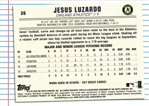 Topps Of The Class Baseball 2020 Base Card 36 Jesus Luzardo