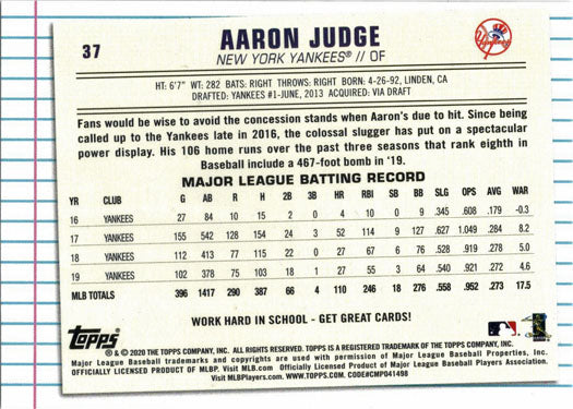 Topps Of The Class Baseball 2020 Base Card 37 Aaron Judge