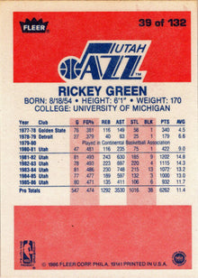 1986-87 Fleer Basketball #39 Rickey Green Base Rookie Card