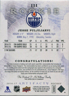 Upper Deck Artifacts Hockey 2016-17 Rookie Auto Patch Card III Jesse Puljujarvi