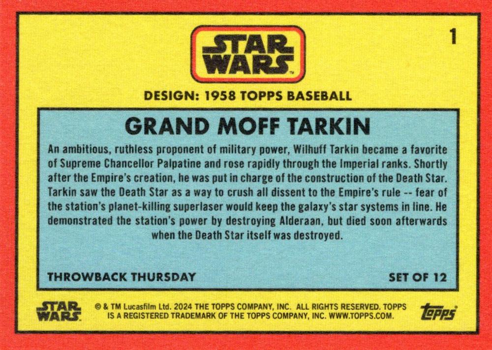 Star Wars Throwback Thursday 2024 Card #1 Grand Moff Tarkin 1958 Baseball