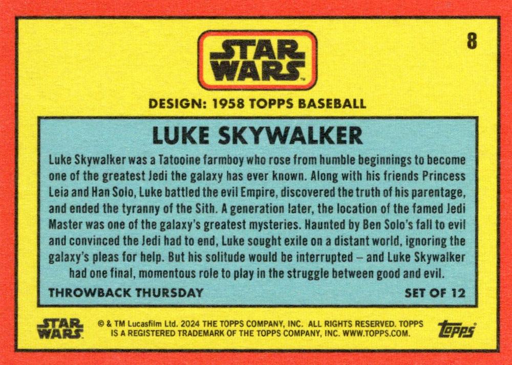 Star Wars Throwback Thursday 2024 Card #8 Luke Skywalker 1958 Baseball