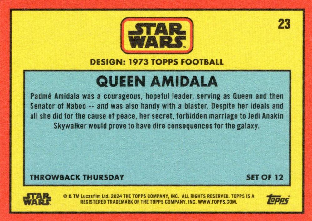 Star Wars Throwback Thursday 2024 Card #23 Queen Amidala 1973 Topps Football