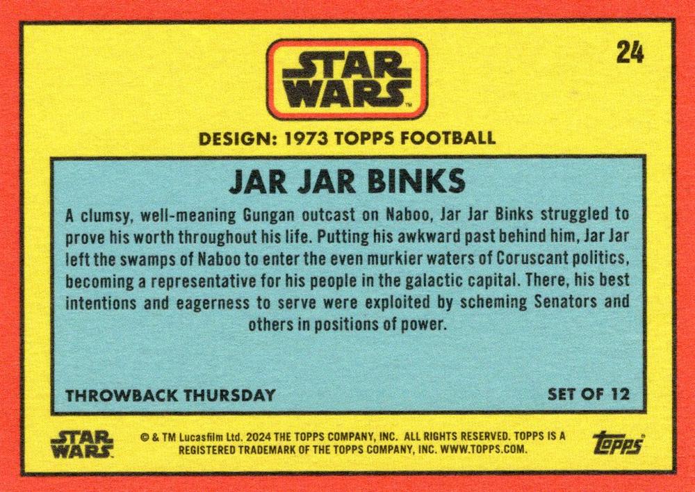 Star Wars Throwback Thursday 2024 Card #24 Jar Jar Binks 1973 Topps Football