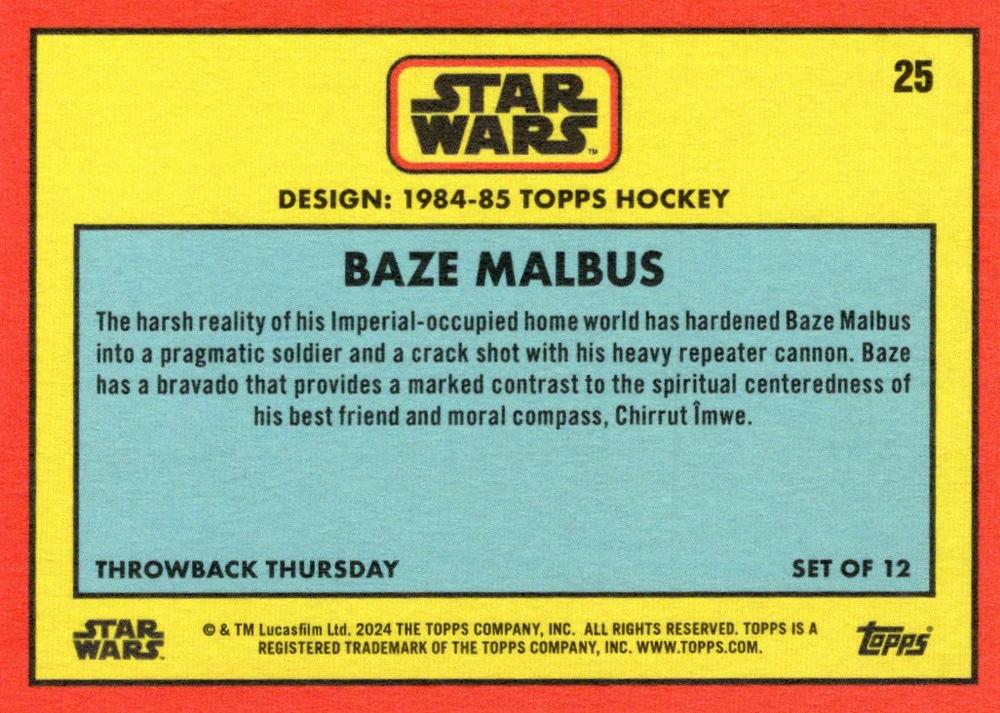 Star Wars Throwback Thursday 2024 Card #25 Baze Malbus 1984-85 Topps Hockey