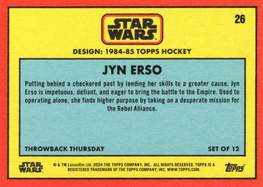 Star Wars Throwback Thursday 2024 Card #26 Jyn Erso 1984-85 Topps Hockey