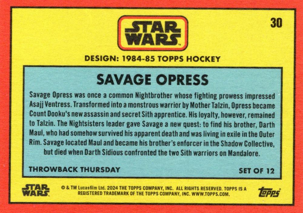 Star Wars Throwback Thursday 2024 Card #30 Savage Opress 1984-85 Topps Hockey