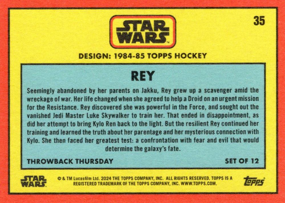 Star Wars Throwback Thursday 2024 Card #35 Rey 1984-85 Topps Hockey