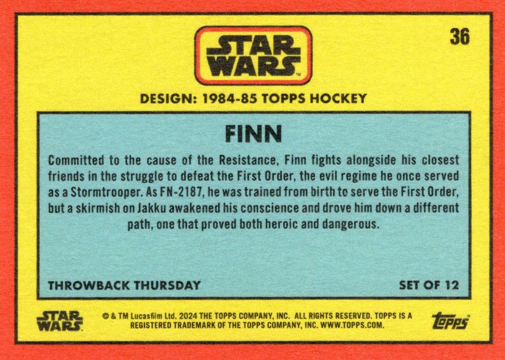 Star Wars Throwback Thursday 2024 Card #36 Finn 1984-85 Topps Hockey