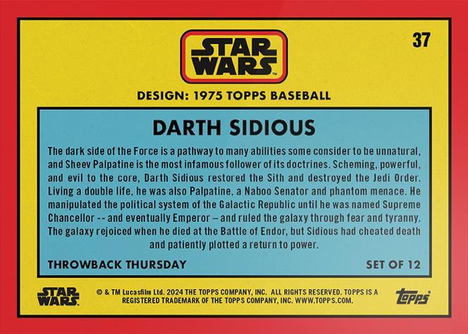 Star Wars Throwback Thursday 2024 Card #37 Darth Sidious 1975 Topps Baseball