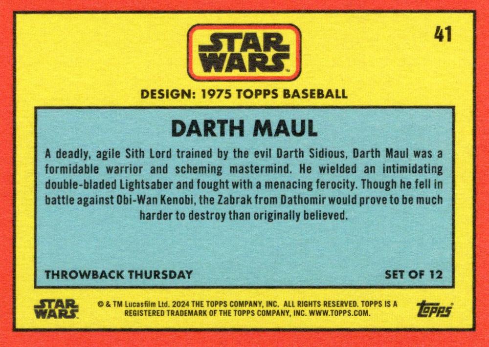 Star Wars Throwback Thursday 2024 Card #41 Darth Maul 1975 Topps Baseball